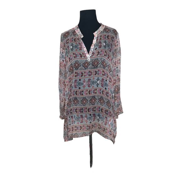 Language sheer print v neck 3/4 sleeves tunic blouse size Small - Picture 5 of 9